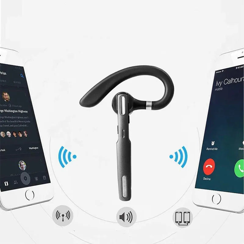 Black mono ear Bluetooth headset with over-ear hanging design and IPX6 waterproof rating