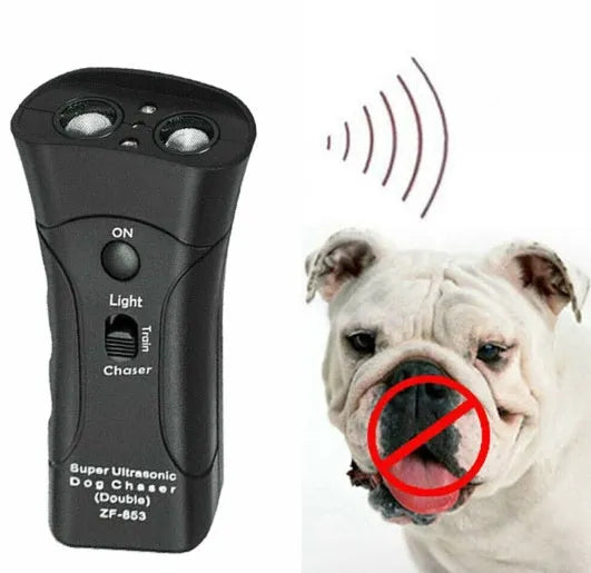 Black ABS ultrasonic dog repeller and training flashlight, 14cm x 6cm x 3cm, 130dB, 20m range