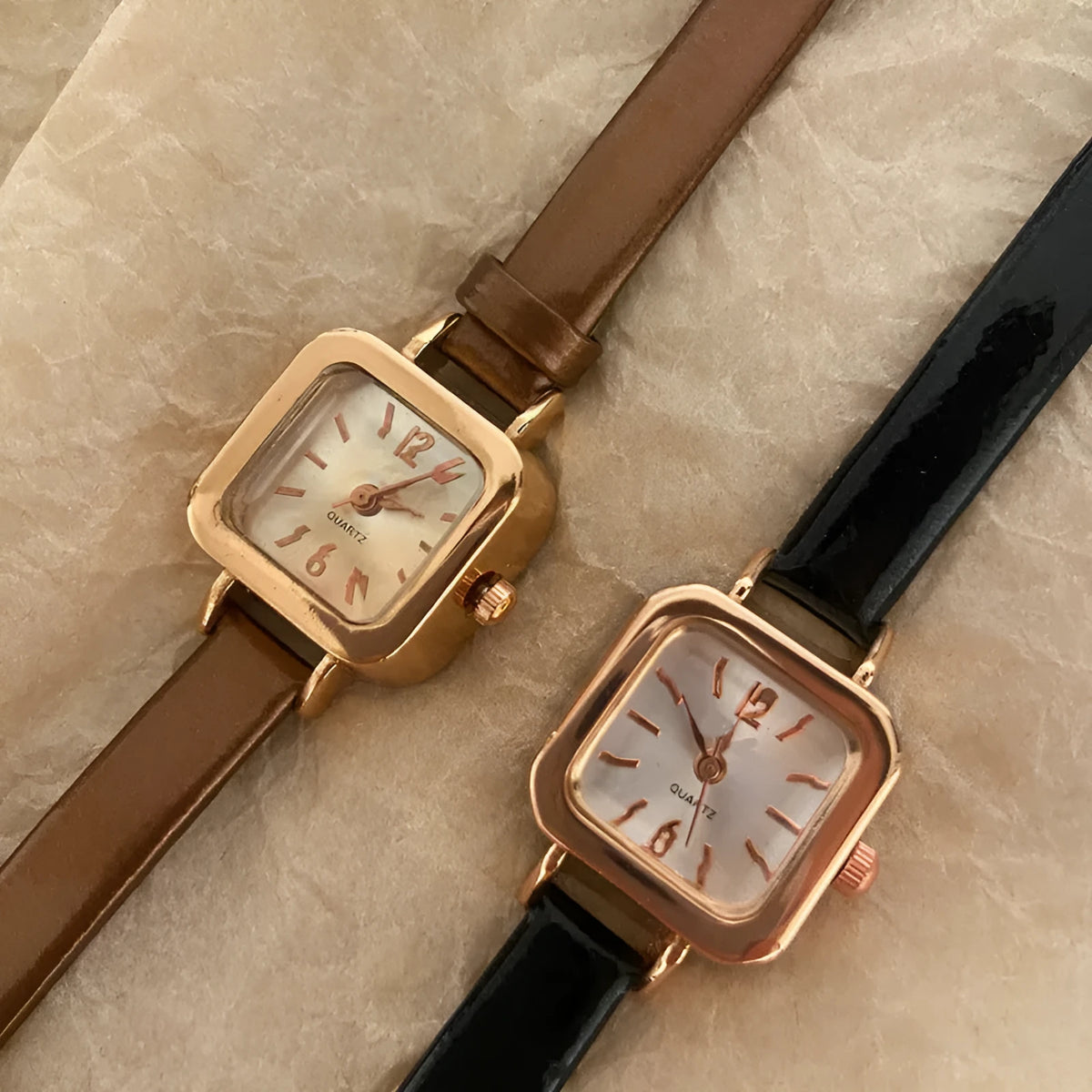 Women's retro fashion watch with alloy case, 10mm thick, shown in black, white, pink, or brown