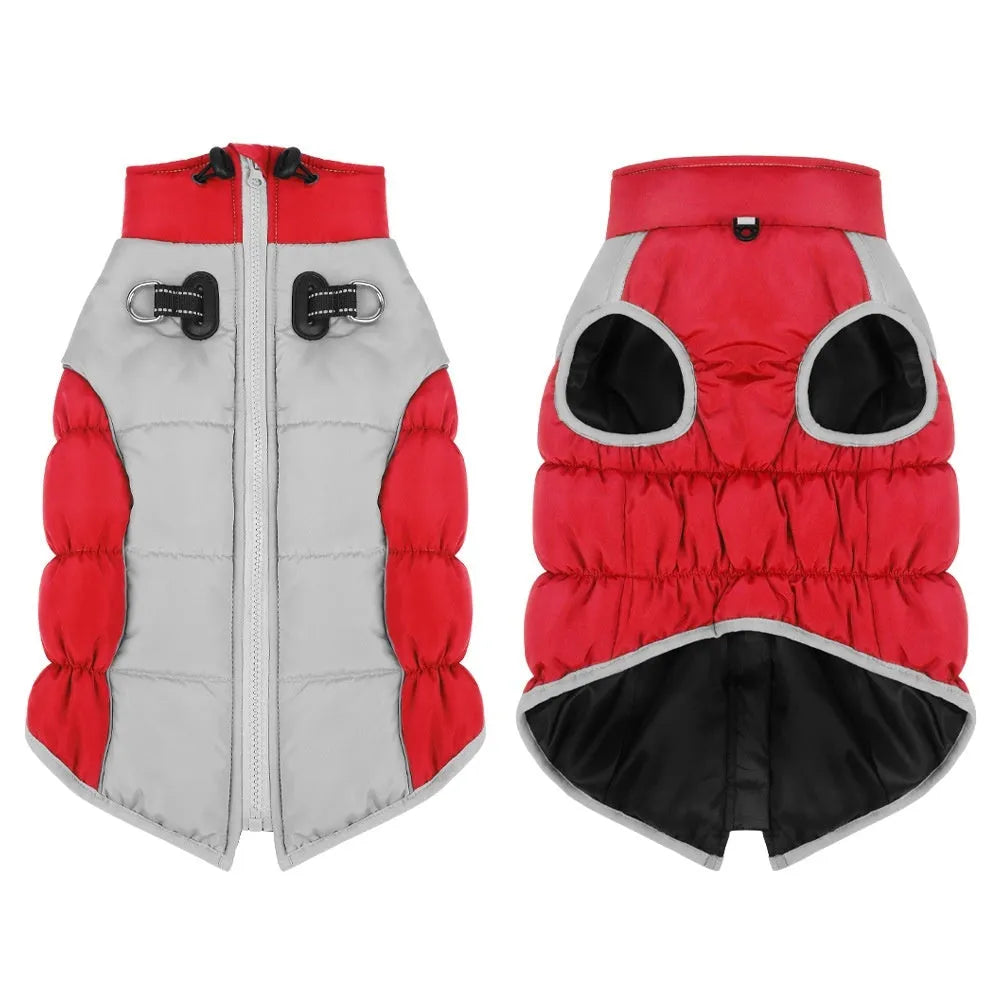 Cotton windproof winter coat for a medium or large dog in black, blue, red, or navy blue.