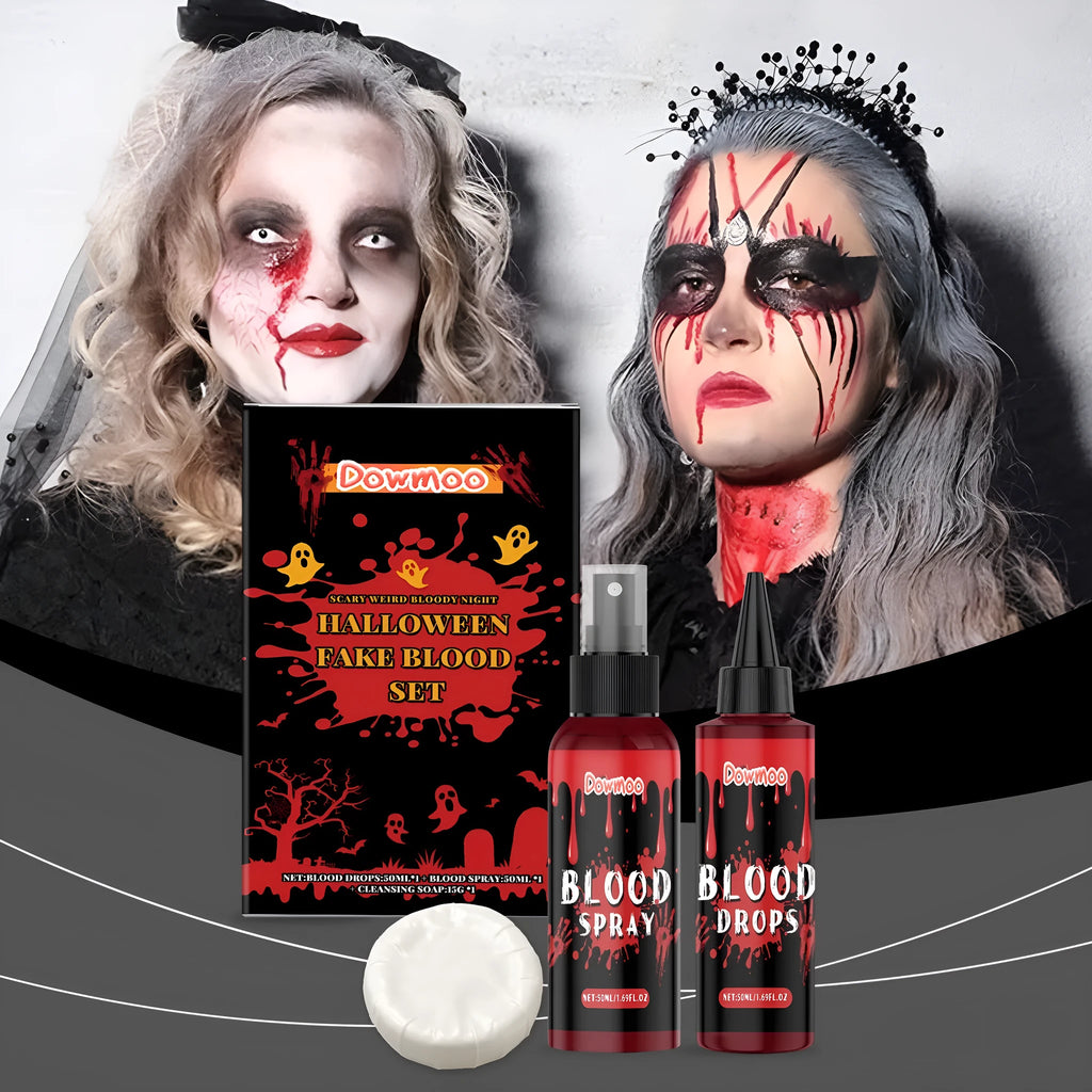 3-piece washable fake blood set with plasma drops, spray bottle, and facial soap for special effects makeup