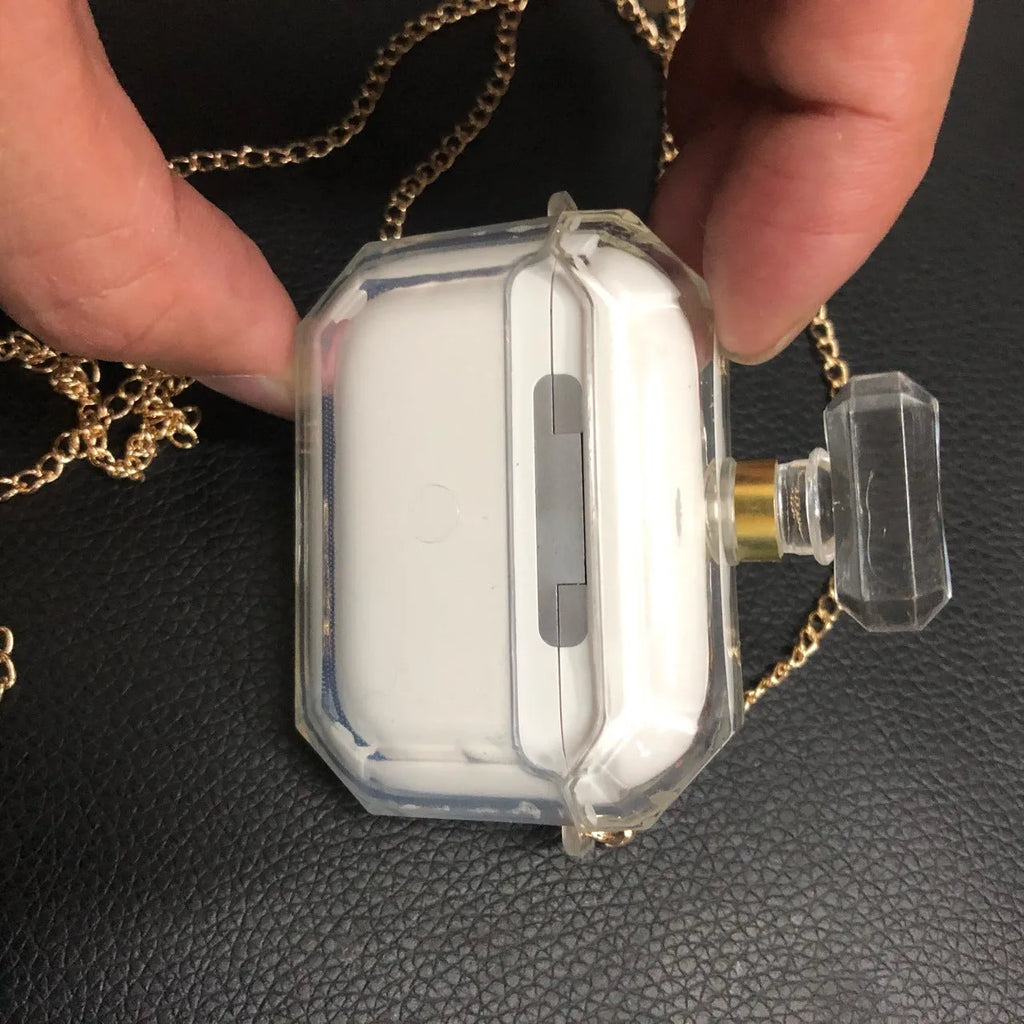 White silicone perfume bottle style case for AirPods Pro and AirPods 3 charging box.