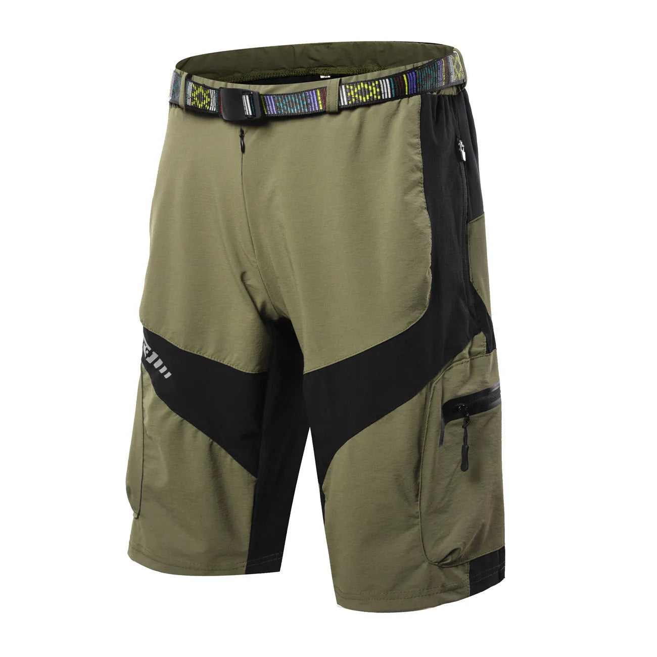 Men's off-road mountain bike five-point cycling shorts in khaki colour, chemical fibre blended fabric, side view