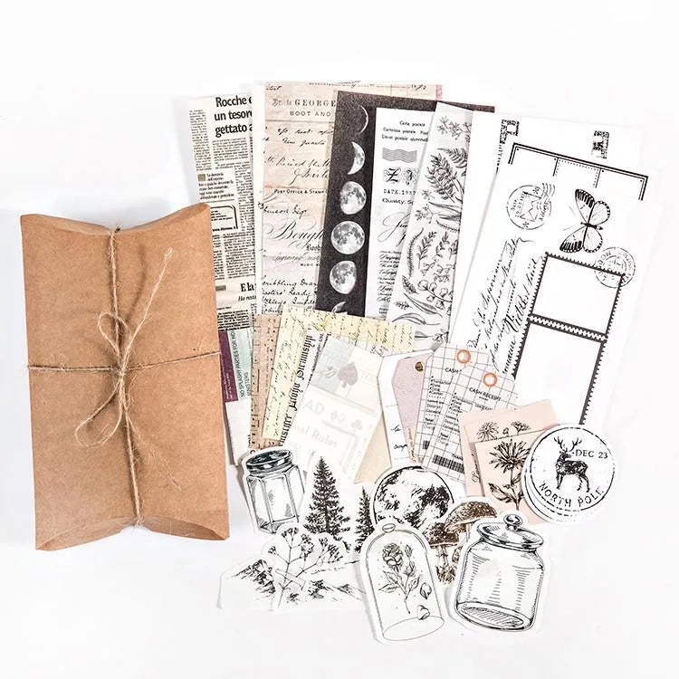 Retro room notes hand account material set with 6 styles, 30 patterns each, on lightweight Japanese coated and white card paper, in OPP bag with DIY pillow box