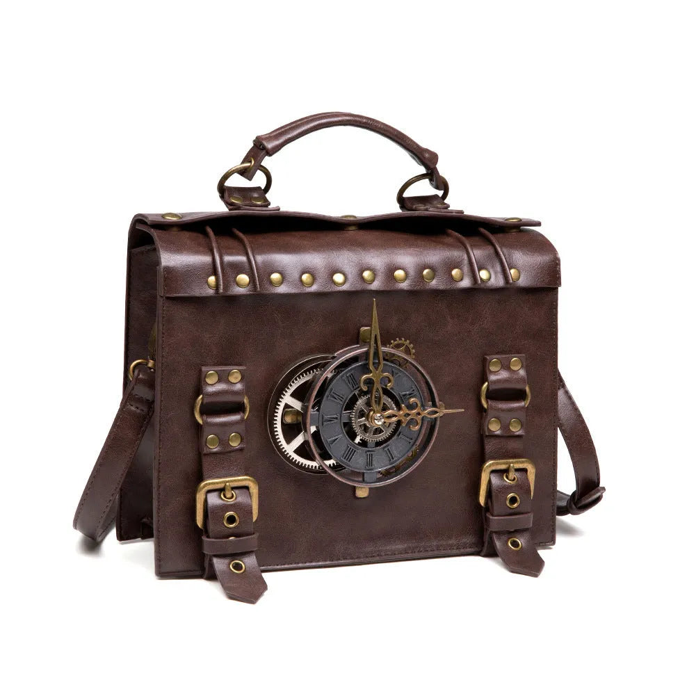 Bronze steampunk industrial retro shoulder bag with metal hardware in horizontal square pillow design