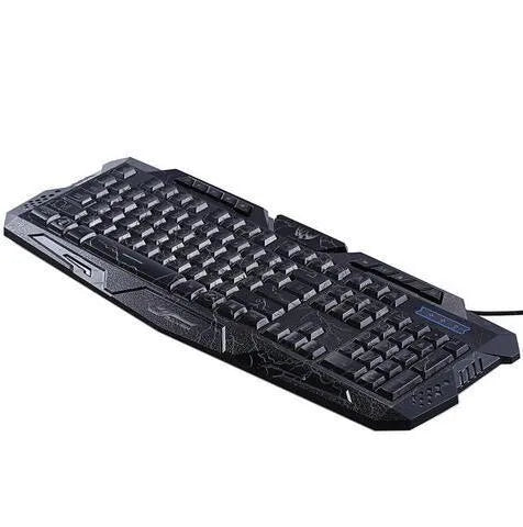 Black USB wired gaming keyboard with blue, purple, and red LED backlight, 19-key anti-ghosting, and ergonomic S-shaped design.