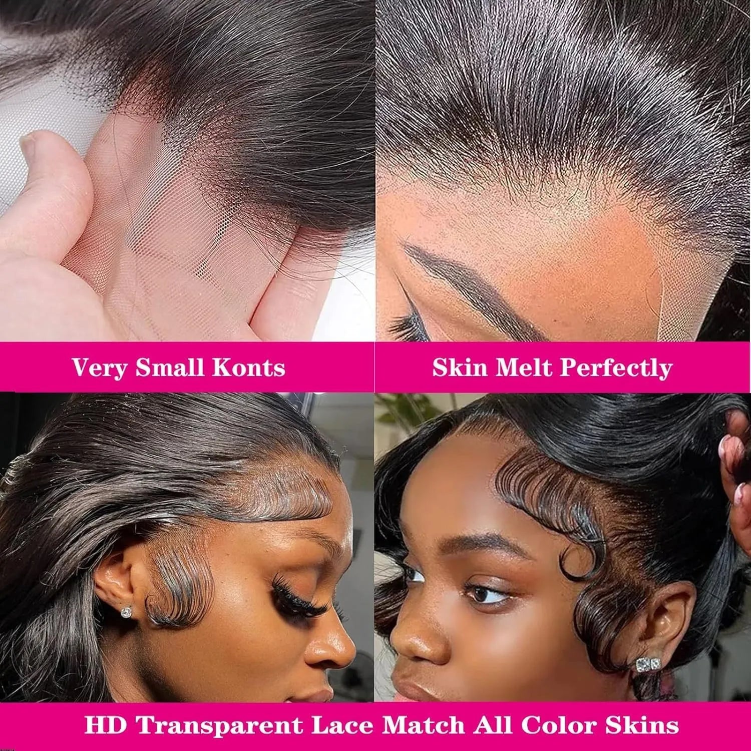 Black medium-long curly synthetic wig with a natural lace front hairline, shown from the side.