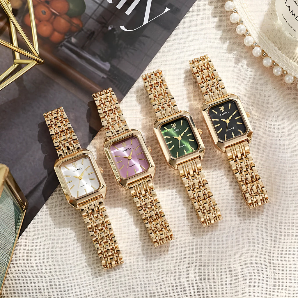 Simple square women's watch with alloy strap, quartz movement, and silver case on a white background