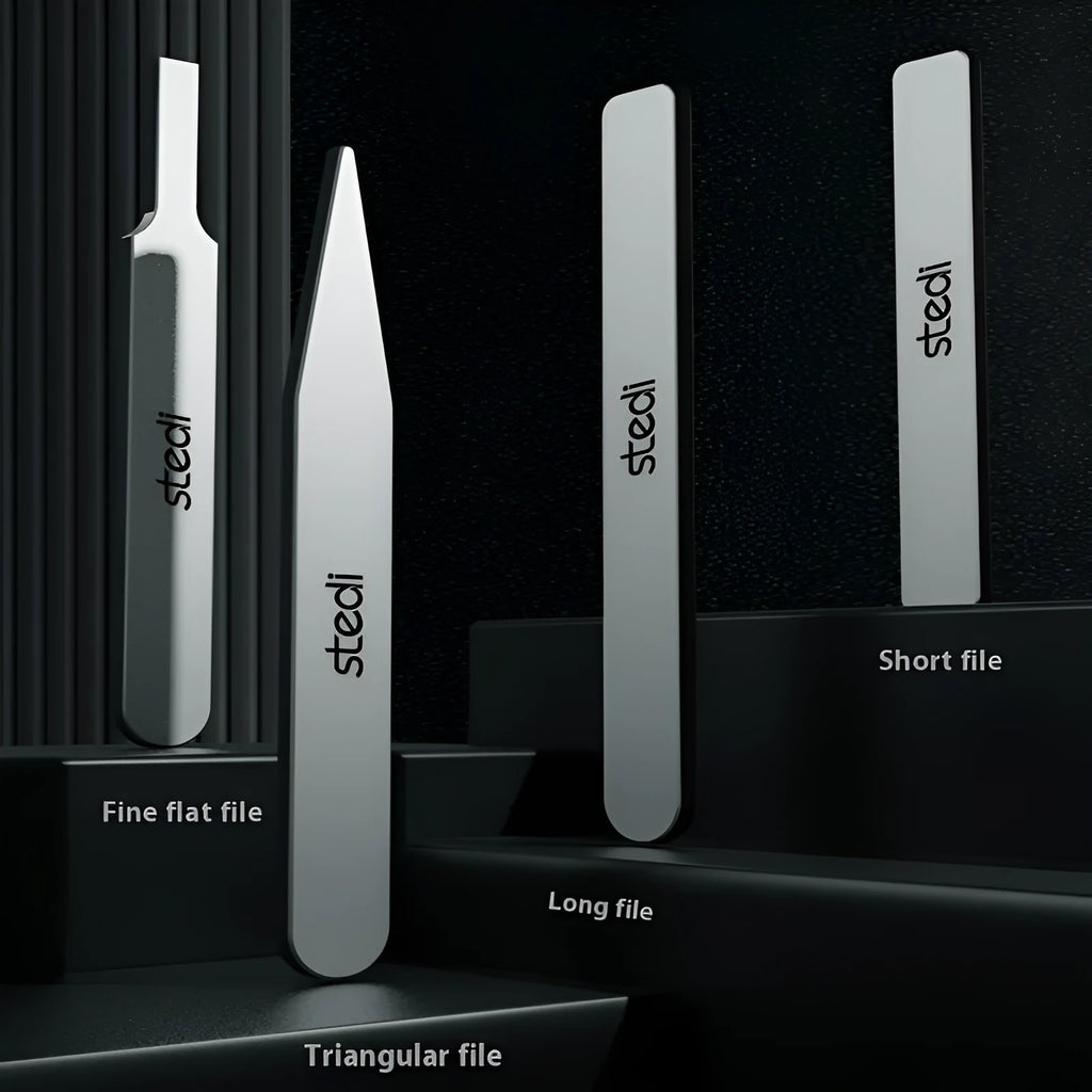 Mirror glass file polishing tool suit with interchangeable files and handle in silver and black