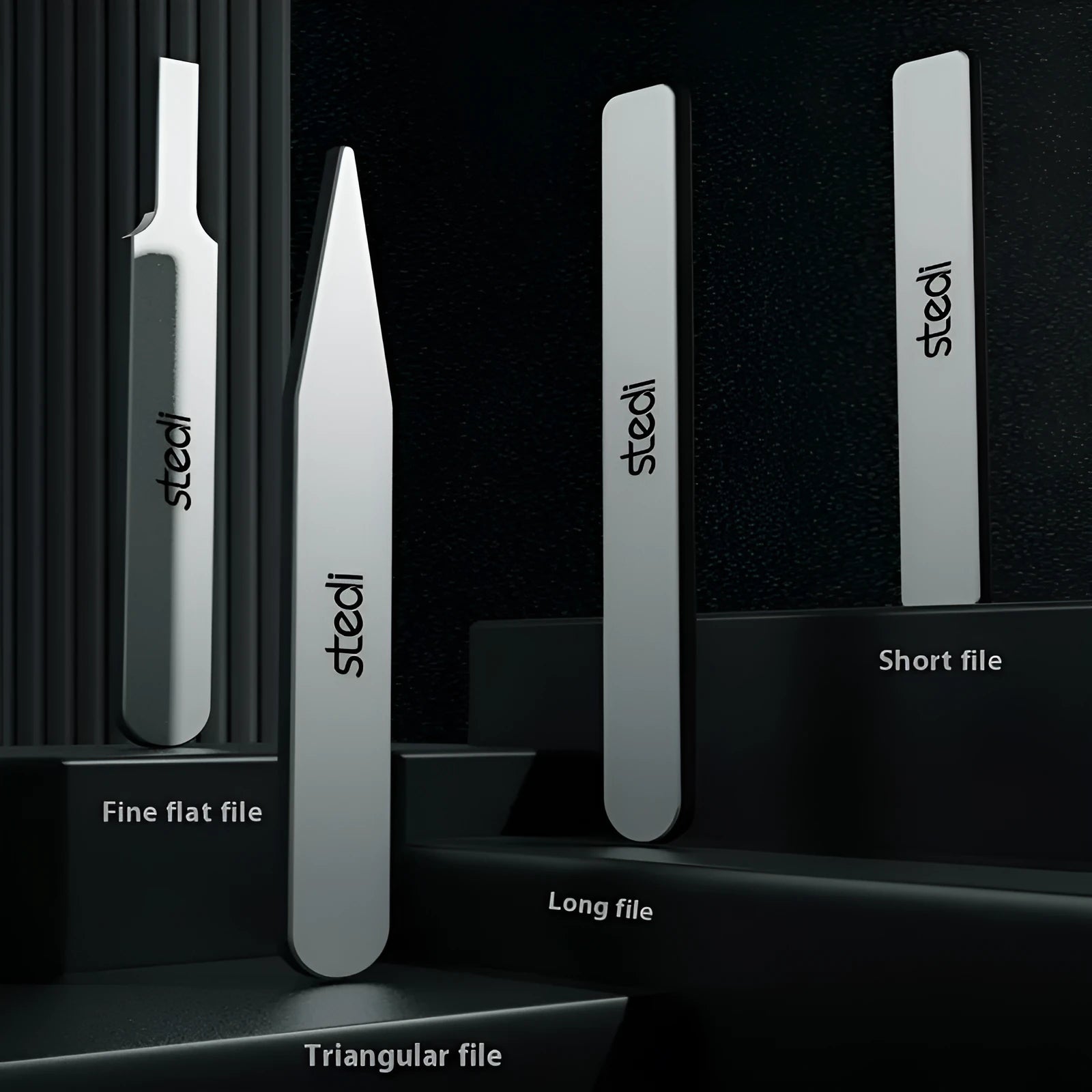Mirror glass file polishing tool suit with interchangeable files and handle in silver and black