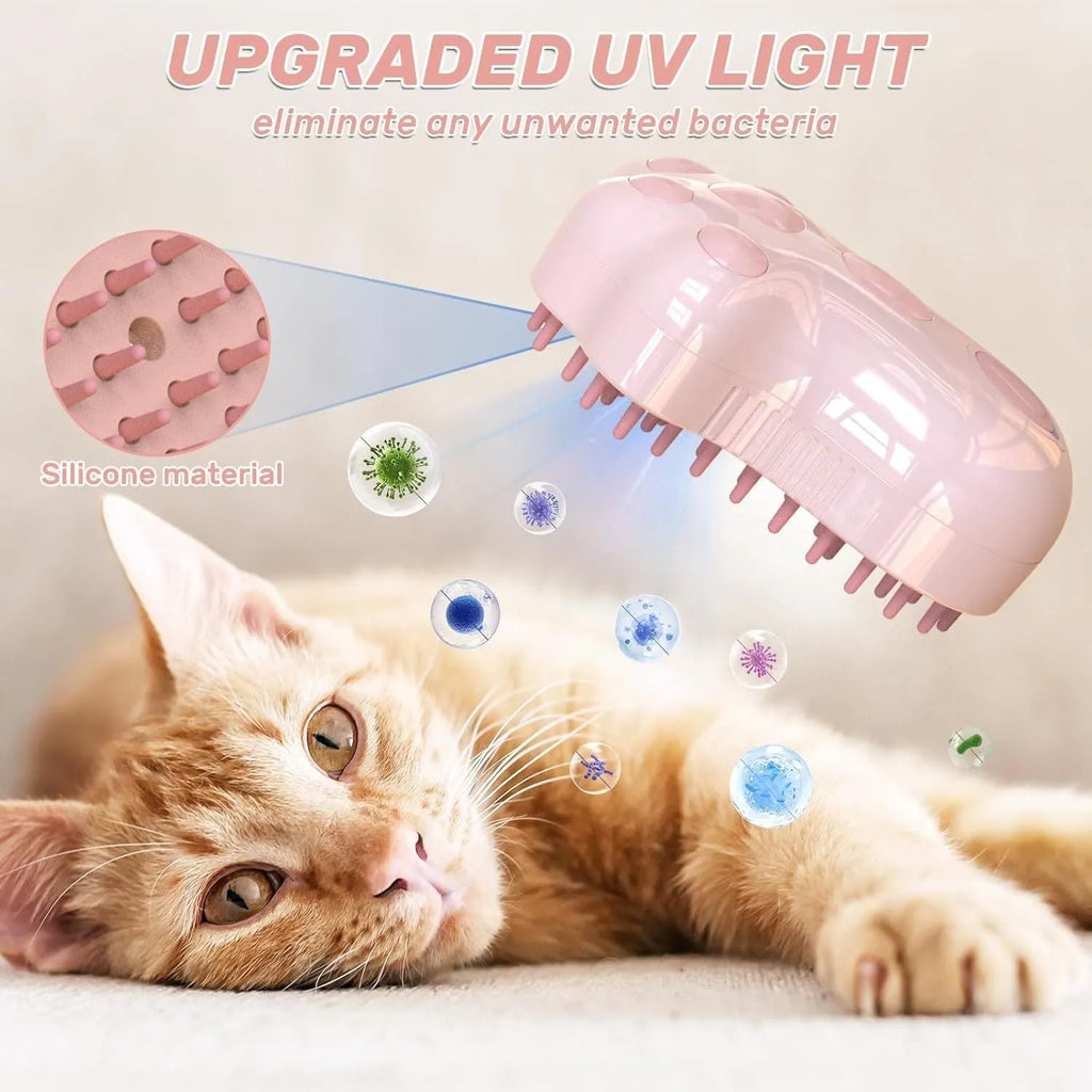 Self-cleaning cat steam brush with blue light, silicone bristles, and rechargeable spray function
