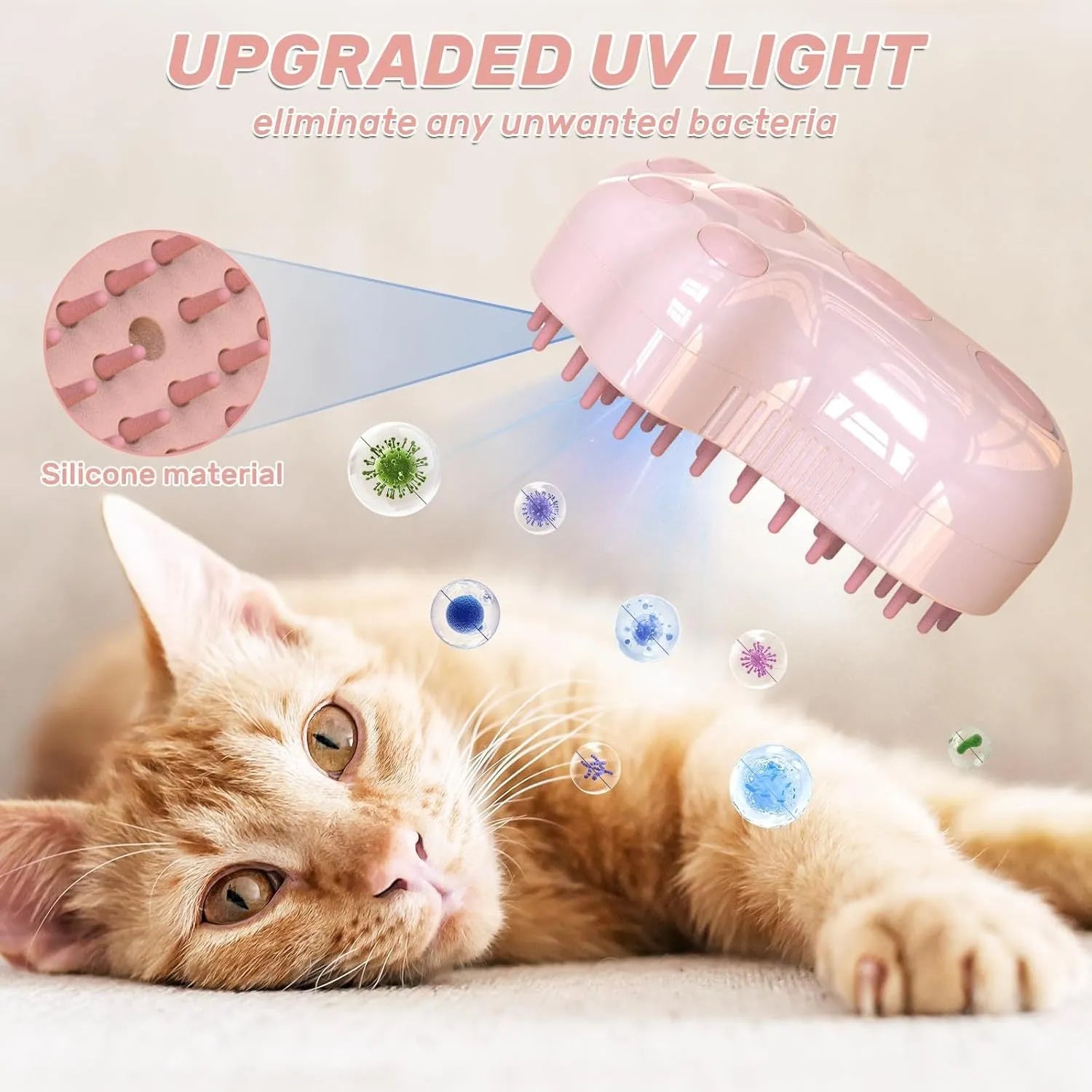 Self-cleaning cat steam brush with blue light, silicone bristles, and rechargeable spray function