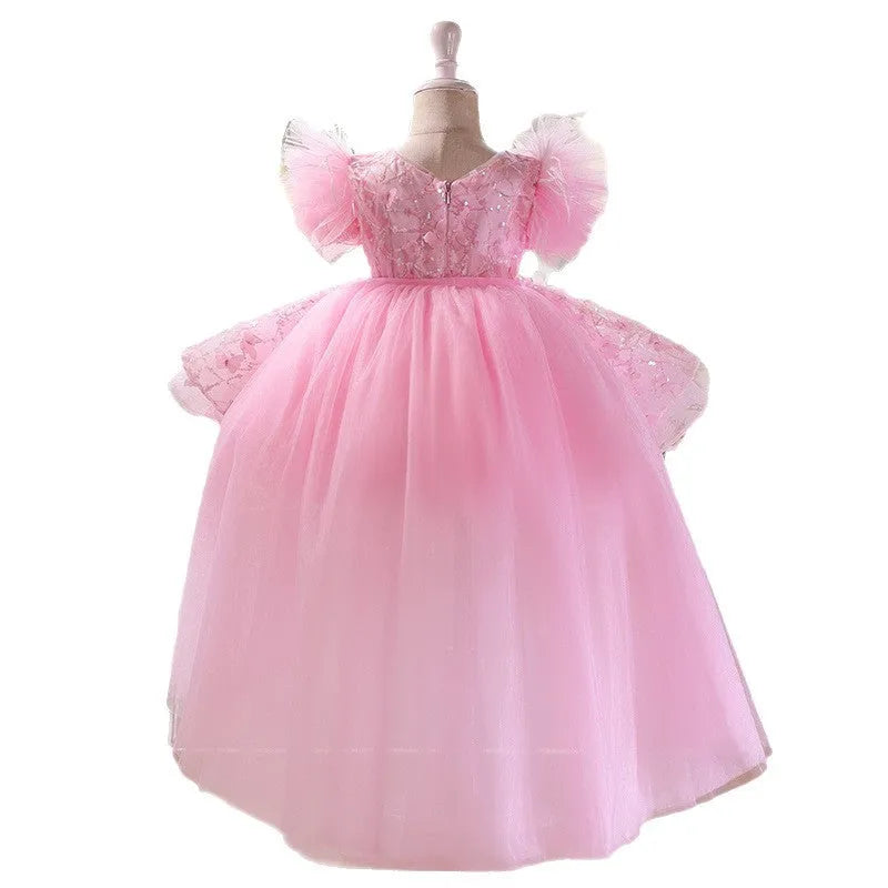 Pink polyester girls princess dress with layered pettiskirt in 80-150cm height sizes