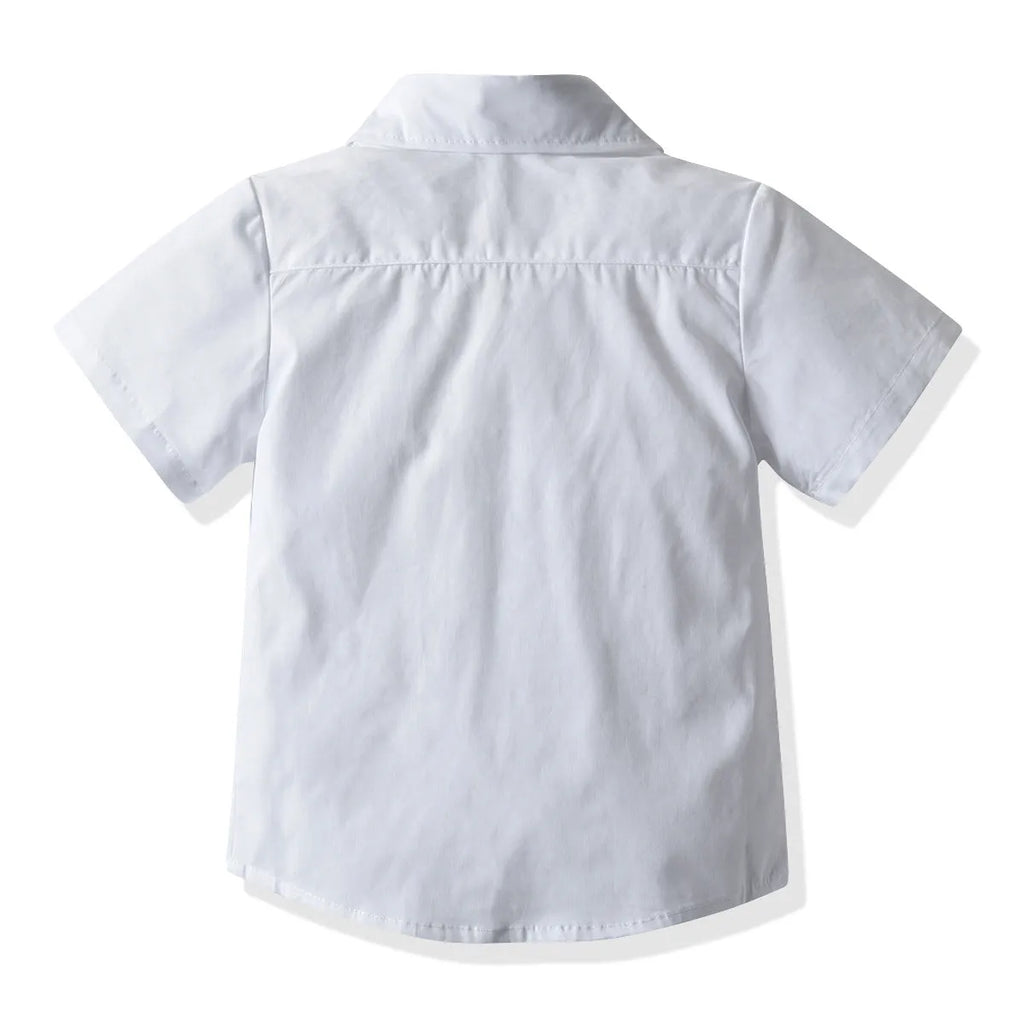 Boys' white short-sleeved shirt and suspender shorts matching set in cotton fabric