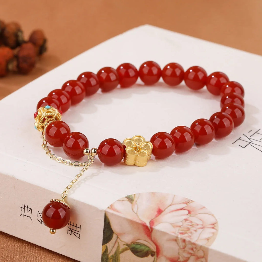 Women's handcrafted agate bracelet with natural 8mm stone beads and peach blossom copper fittings