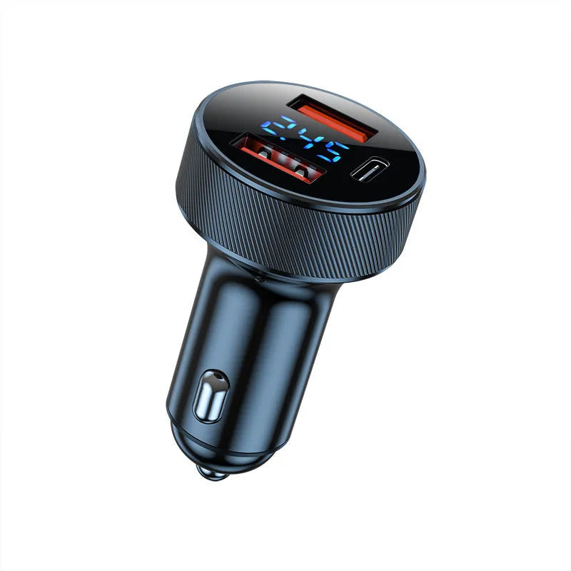 Car charger with digital display and three cigarette lighter ports in aluminium housing