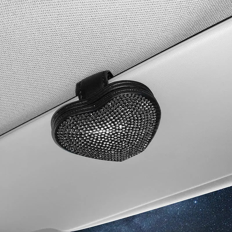 PU leather car sun visor clip with diamond pattern, holding sunglasses and cards.
