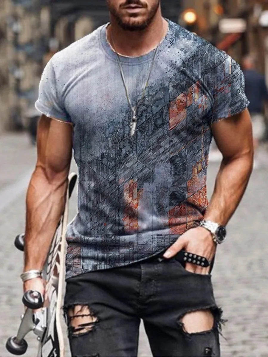 Man wearing a loose-fit camouflage print short-sleeved t-shirt.