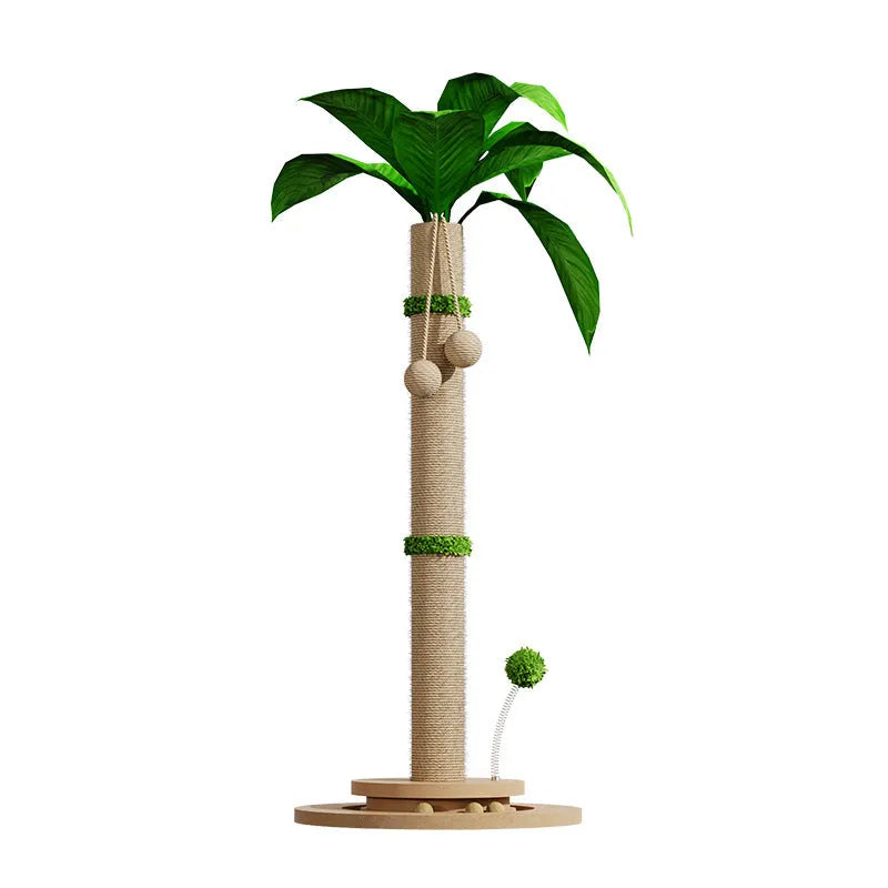 Tall, canna-coloured vertical cat climbing frame with hemp rope posts and a square platform.
