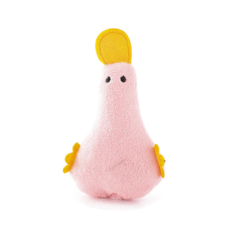 Colourful plush duck pet toy with catnip, a squeaker, and a crinkle rattle for cats and dogs.
