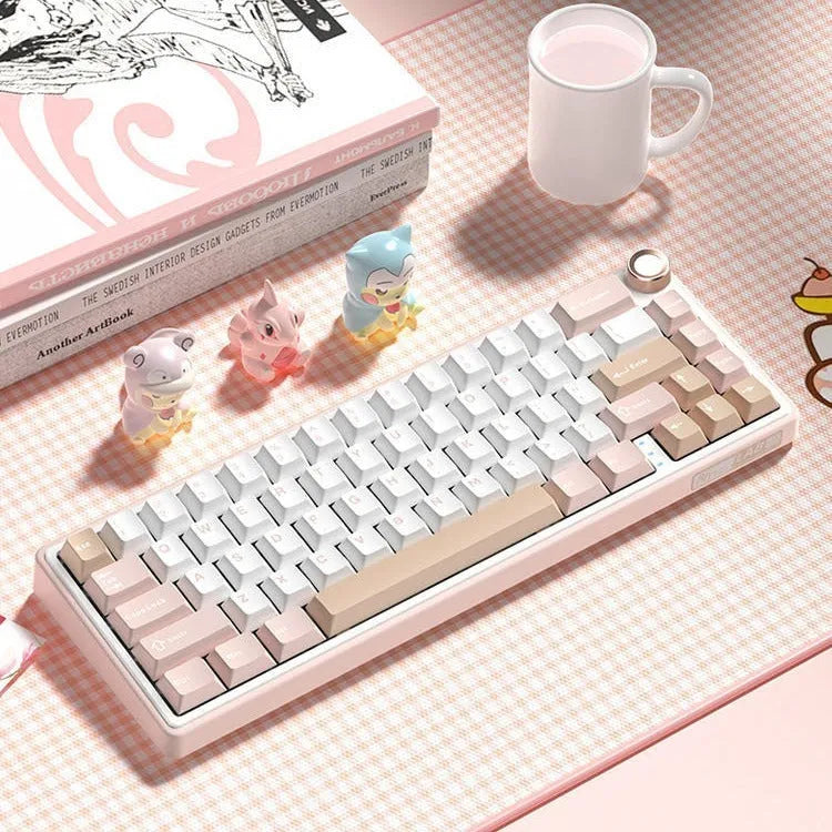 White wireless mechanical keyboard with RGB backlighting in compact 68-key layout on desk