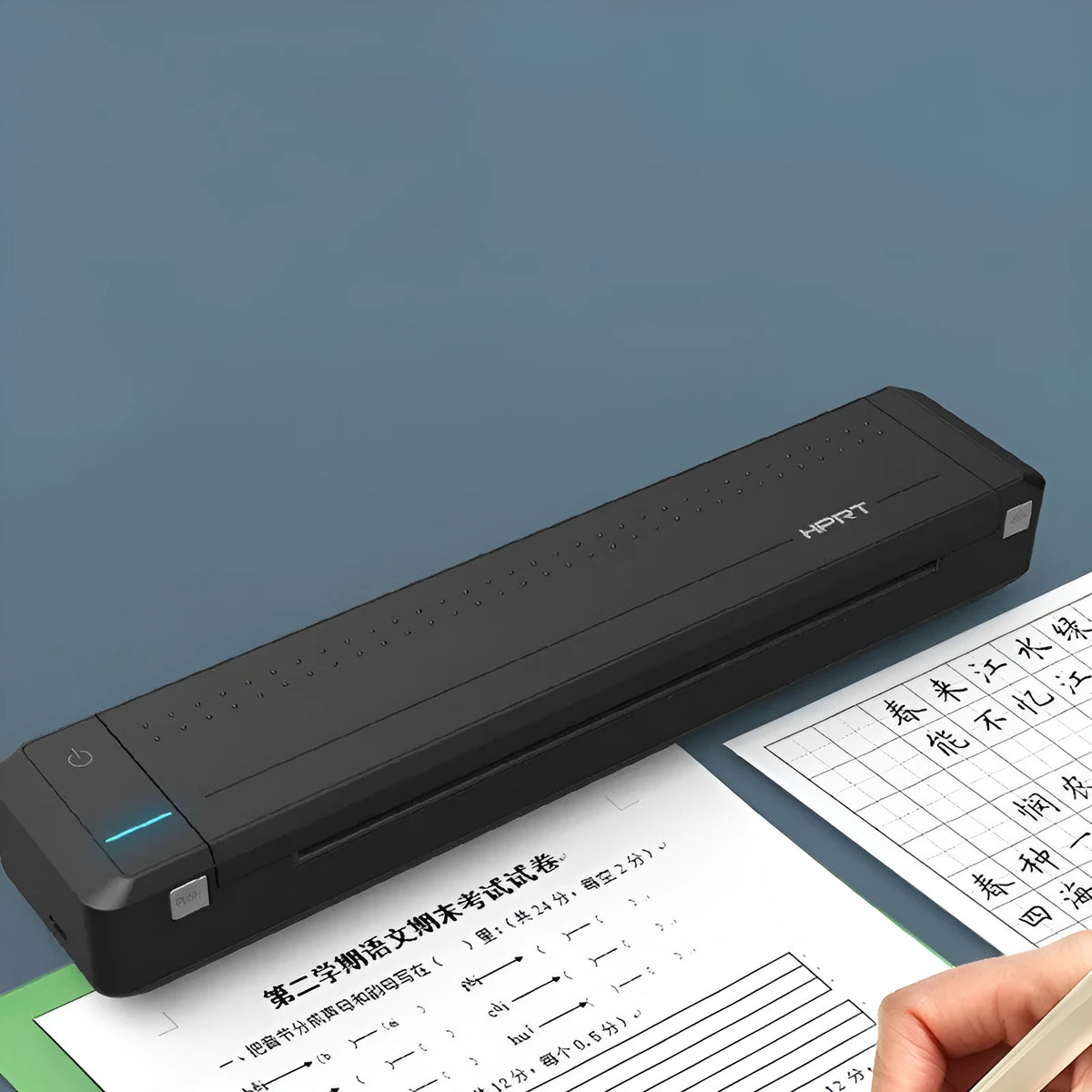 Black wireless Bluetooth A4 thermal printer, compact plastic body, USB Type-C, 198mm print width, 15mm/s speed
