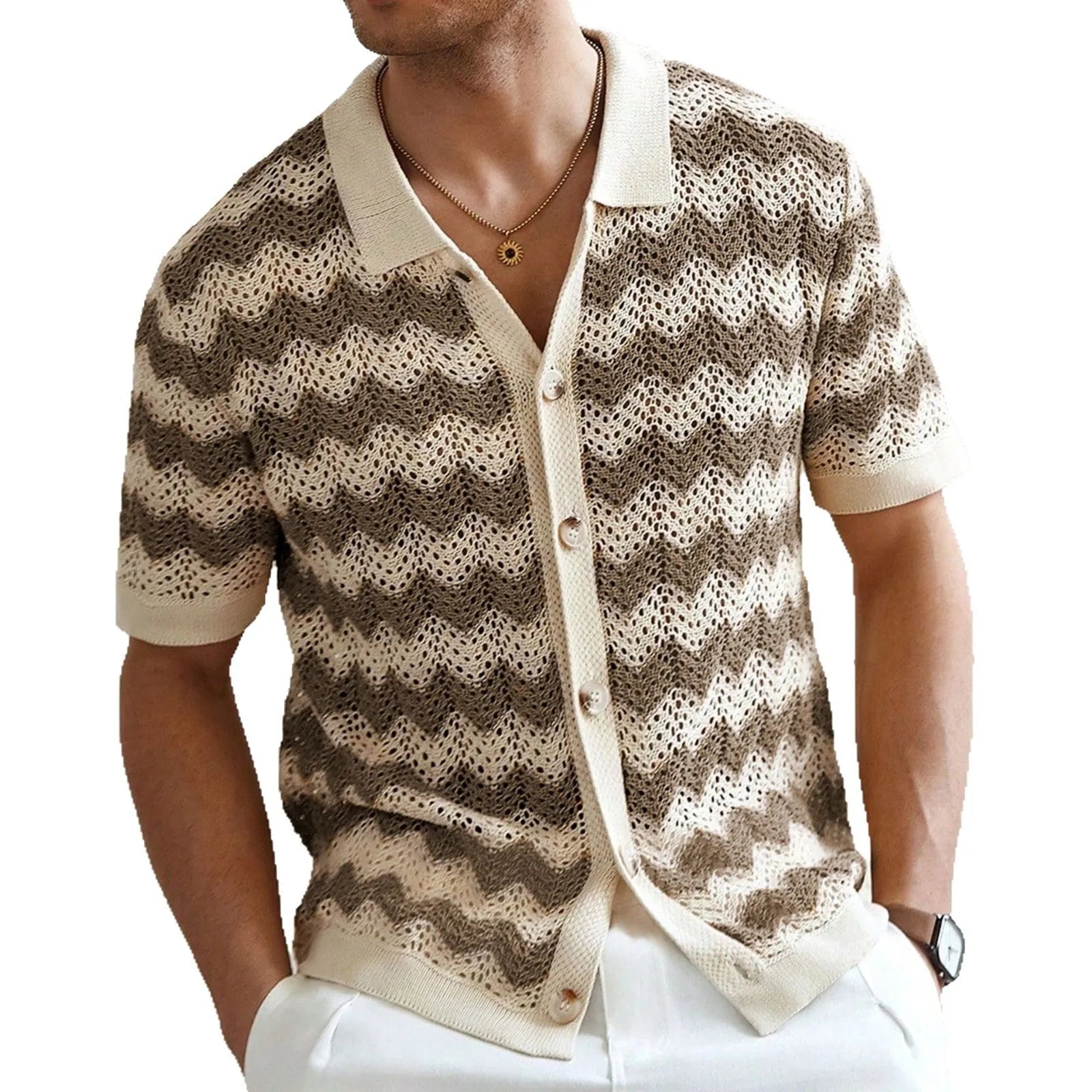 Man wearing a blue short-sleeve sweater with a textured hollow jacquard corrugated pattern and flocked detail.