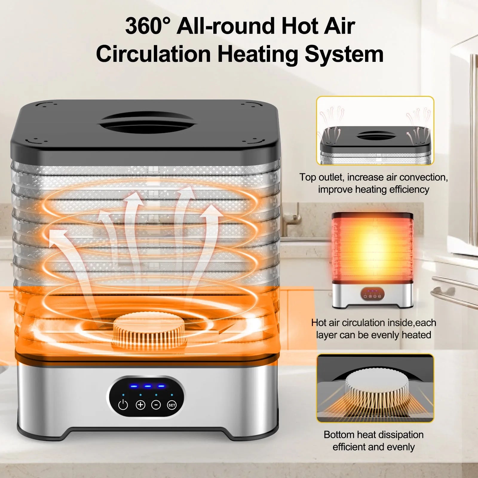 Silver and red eight-layer food dehydrator with intelligent timer control and large drying capacity