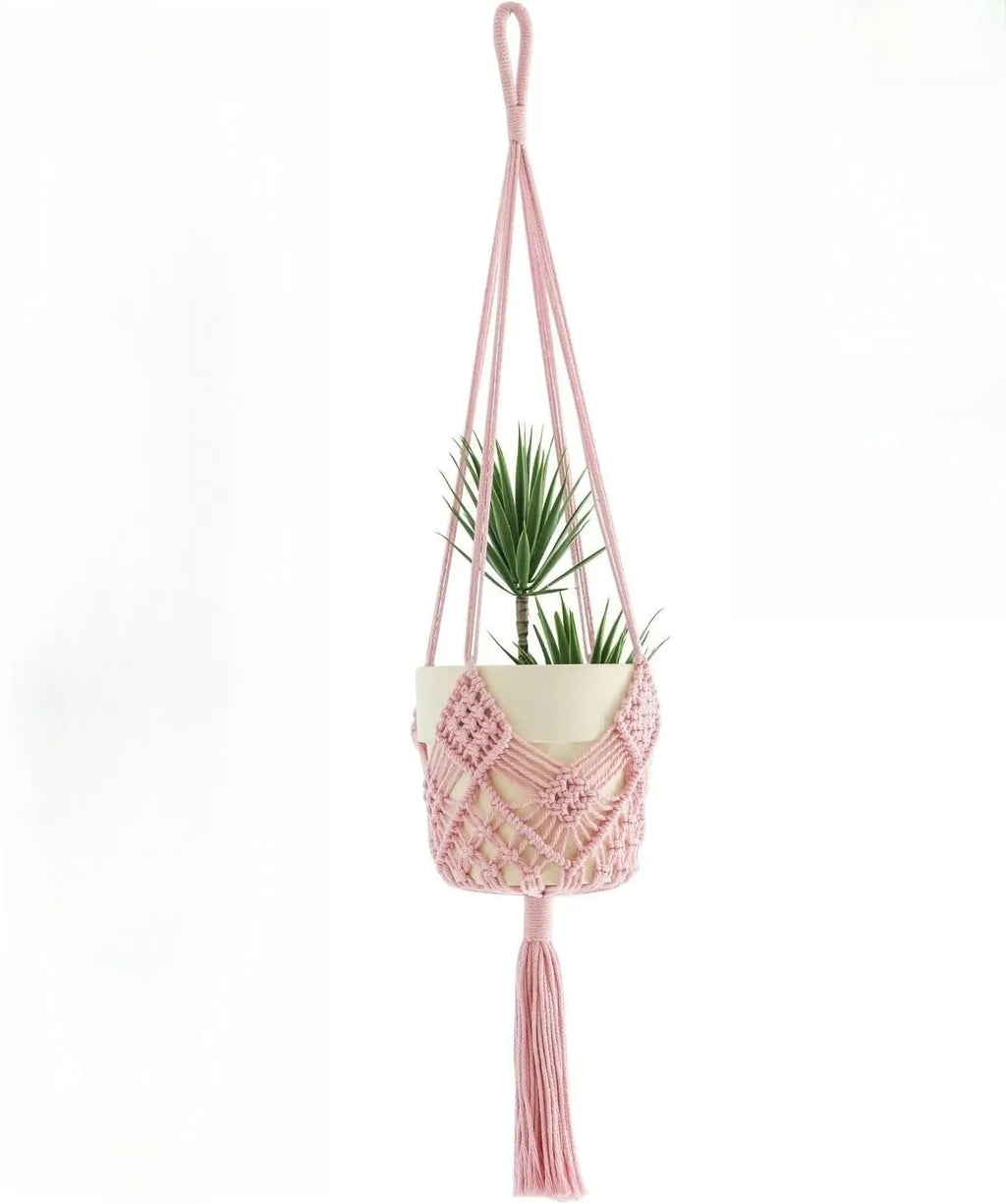 Hand-woven polyester cotton flower pot sleeve in minimalist design with net pocket extension cord
