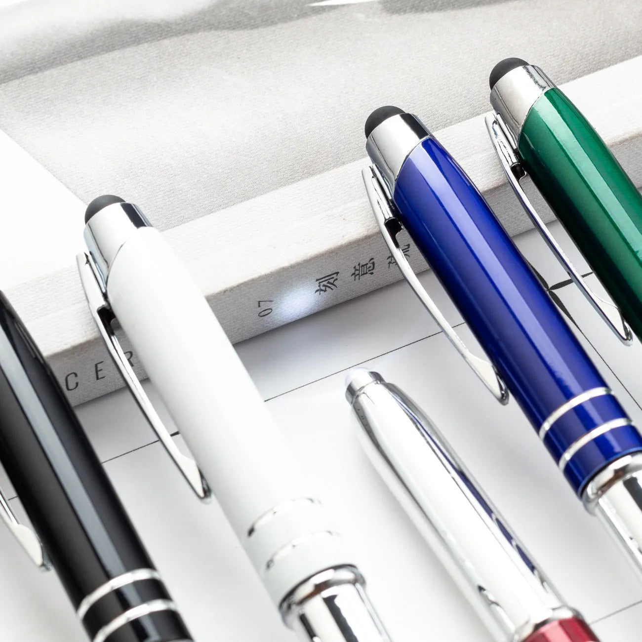 Metal multifunctional pen with capacitive stylus tip, ballpoint pen and LED light in five colour options