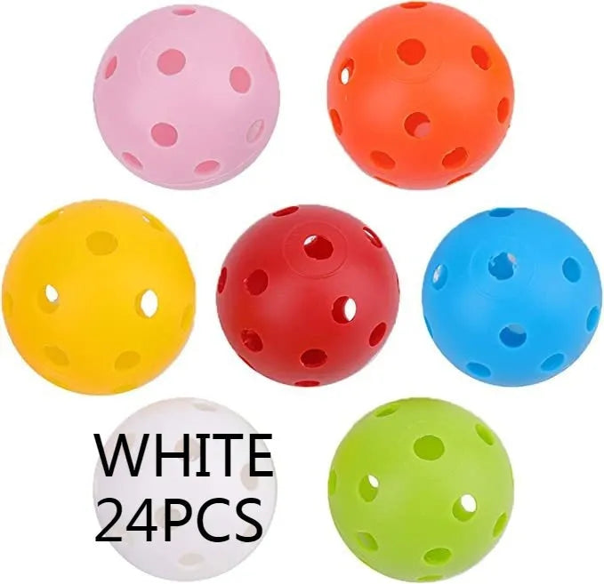 Multi-colour 42mm polyethylene golf practice balls in a net bag.