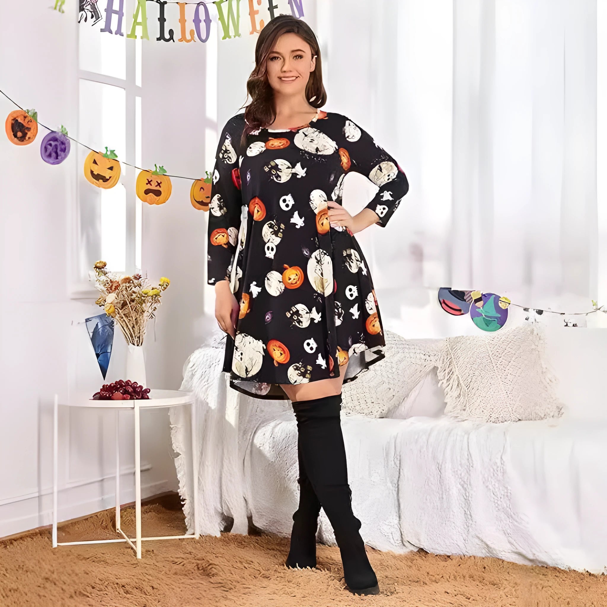 Printed T-shirt dress with A-line skirt, 3D pattern, polyester fabric, available in Halloween and Christmas colours