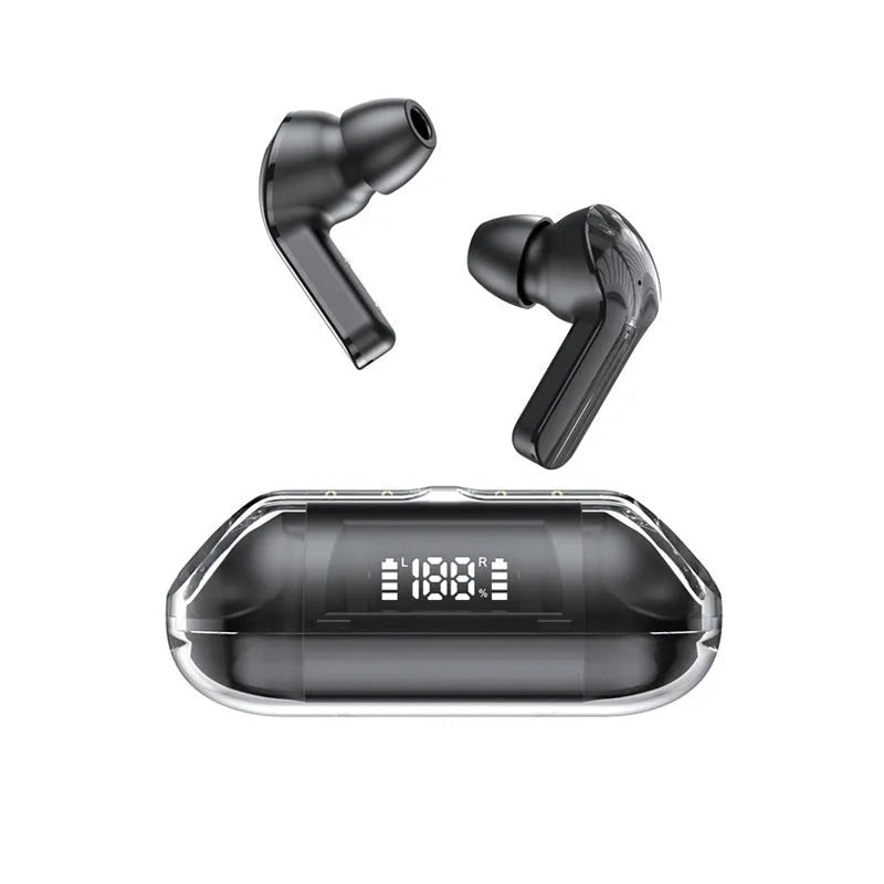 Wireless Bluetooth earbuds with transparent design in a charging case that has a digital battery display.