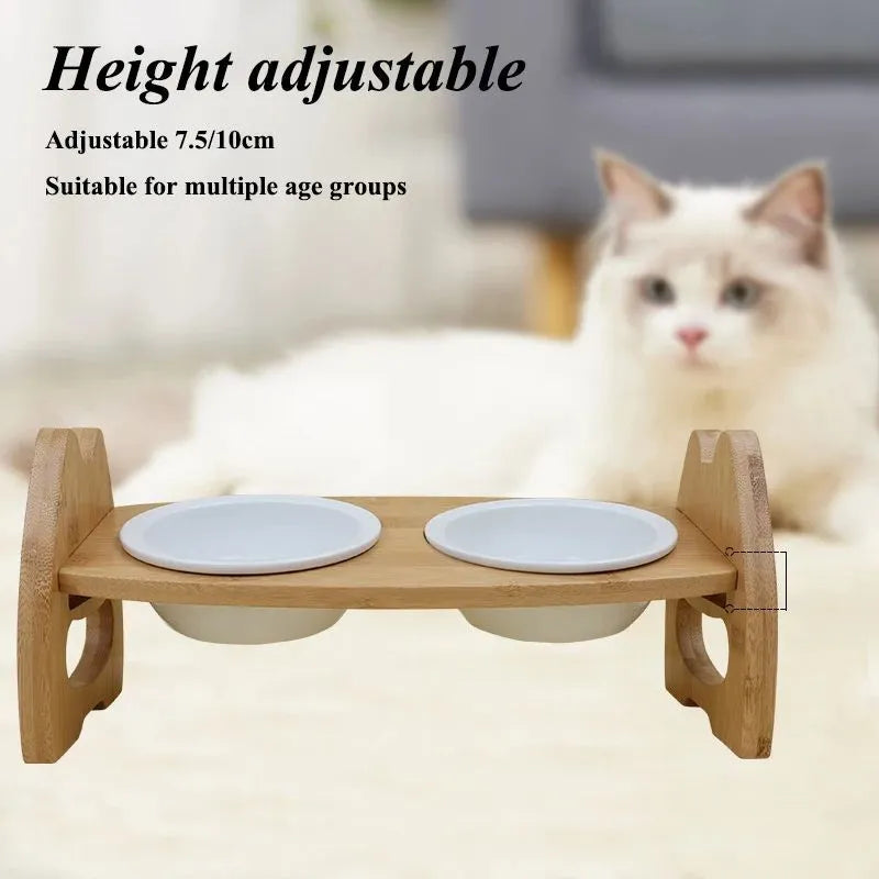 Height-adjustable ceramic double pet bowl on bamboo stand with separate bowls for dogs and cats