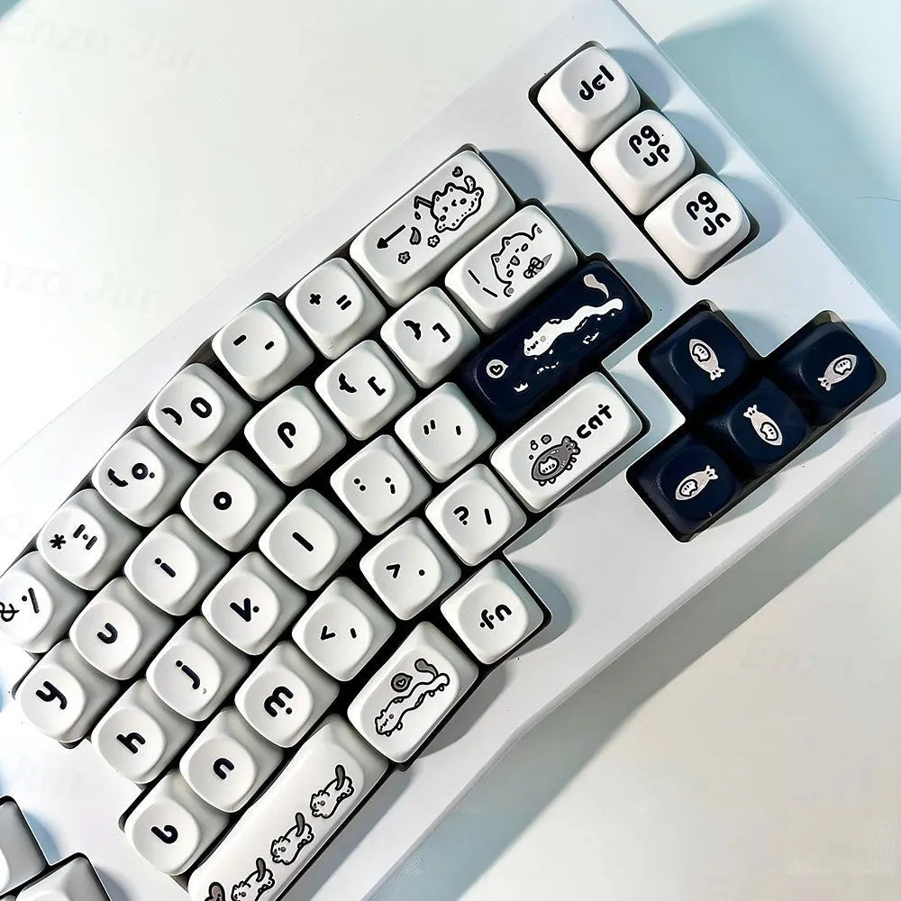 MOA height flat profile key cap set in ABS with black and white cat design for mechanical keyboards