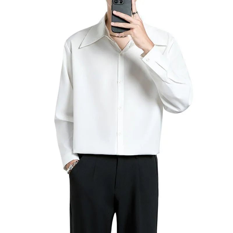 Men's loose fit non-ironing polyester shirt in black, front view, available in sizes M to 5XL