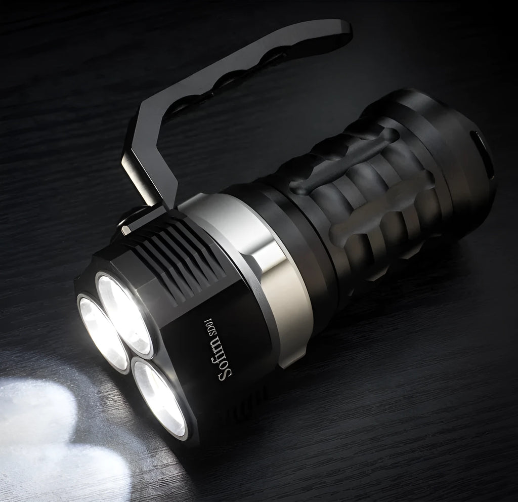 Aluminium alloy diving flashlight with 350 lumen output, shown with optional battery charger.