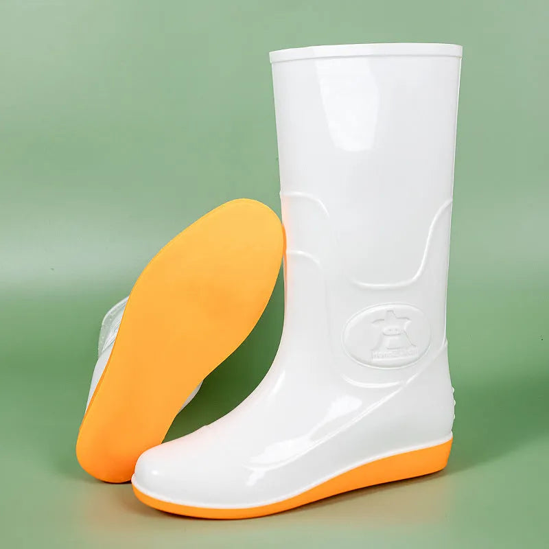Men's white plastic high ankle rain boots with flat sole and round toe design