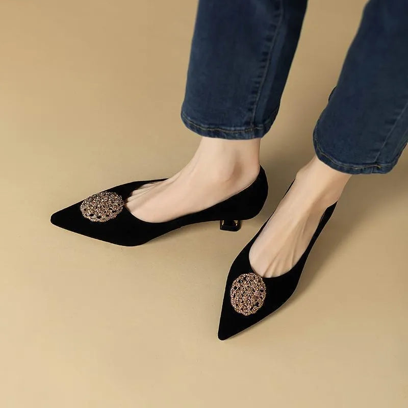 Women's suede stiletto pointed-toe shoes in black or orange with rubber sole and shallow mouth cut under 7cm