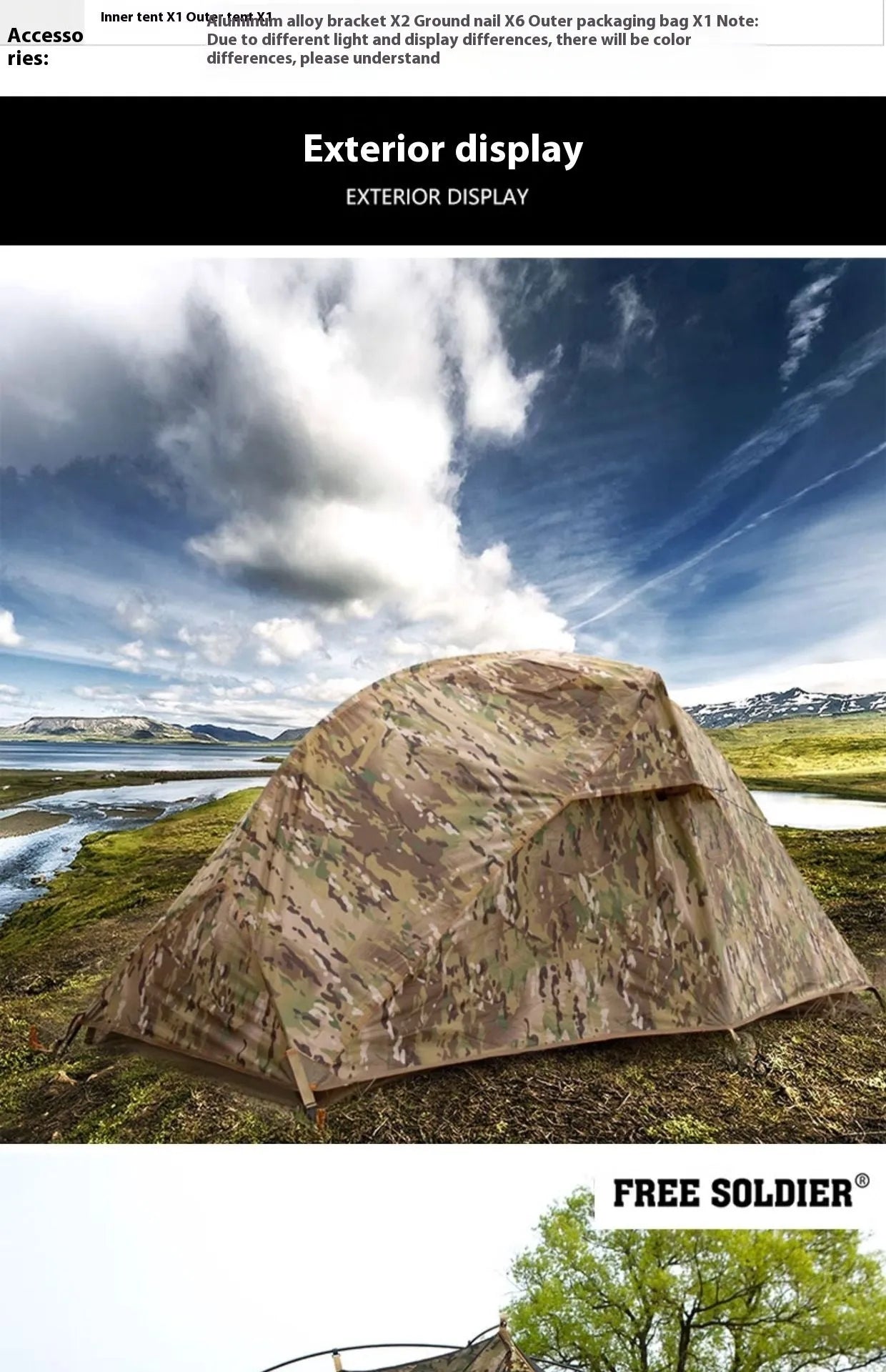 Single soldier camouflage tent shown in outdoor setting with rainproof and sun protection features for camping use