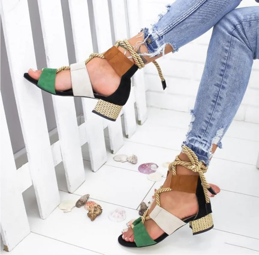 Women's thick heel suede sandals with round toe fish mouth design in colour matching pattern