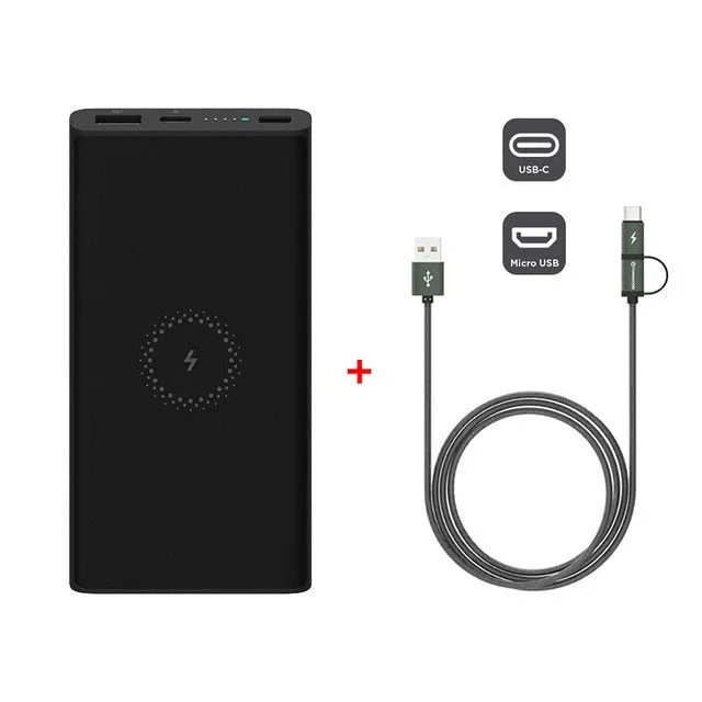 Black and white large capacity 10000mAh power bank showing USB-C port and wireless charging symbol.