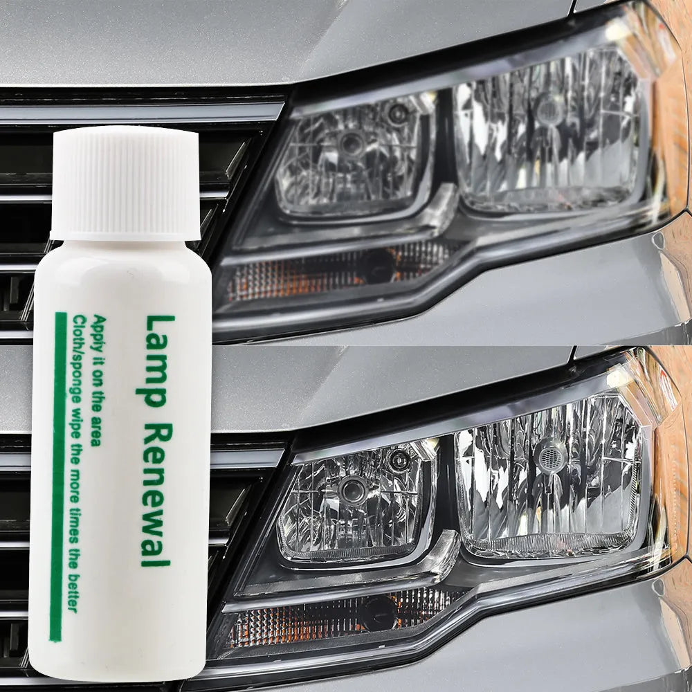 Car headlight repair liquid bottle in 20ml and 50ml sizes for restoring yellowed and oxidised headlight lenses