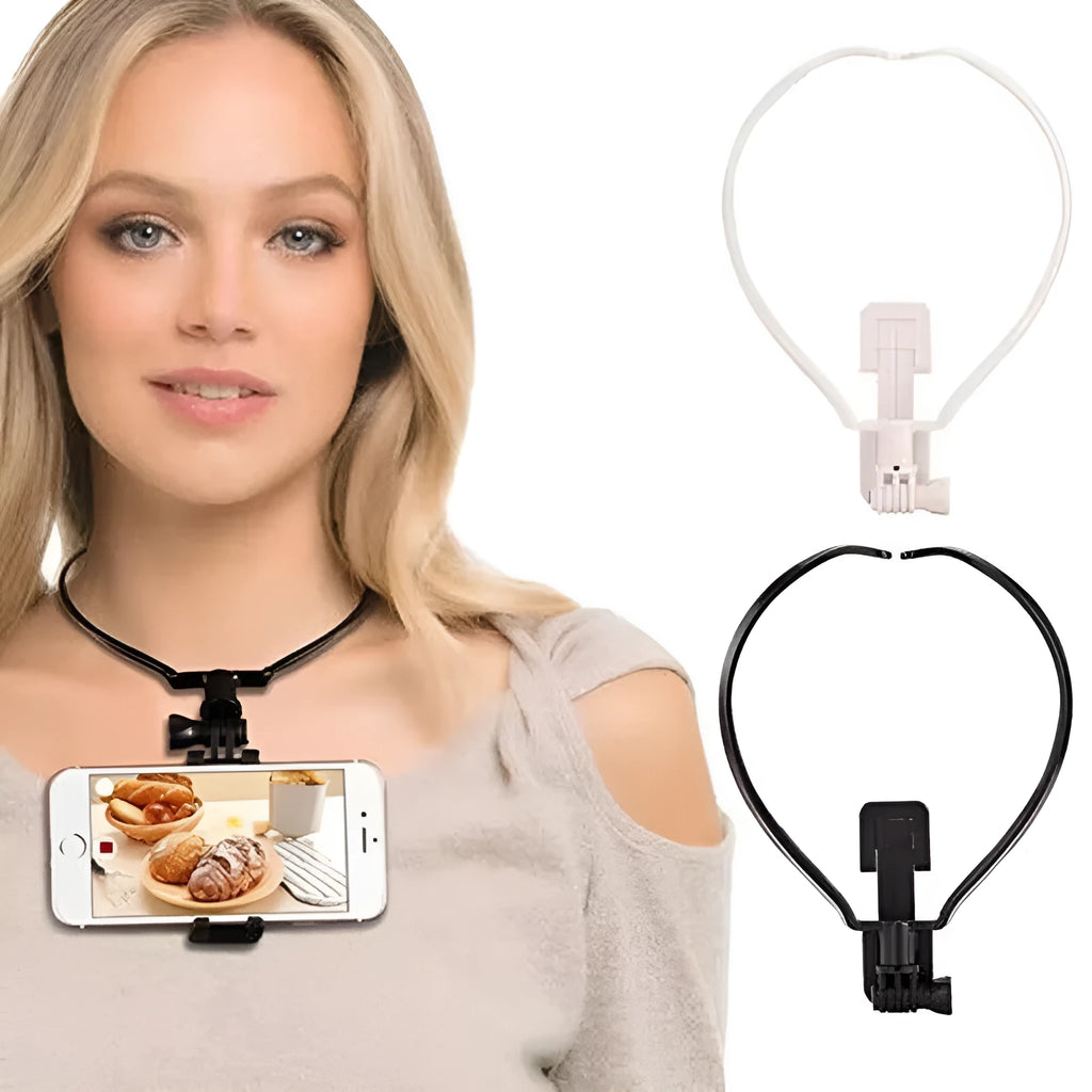 Black adjustable neck phone holder for smartphone, shown being worn for hands-free filming.
