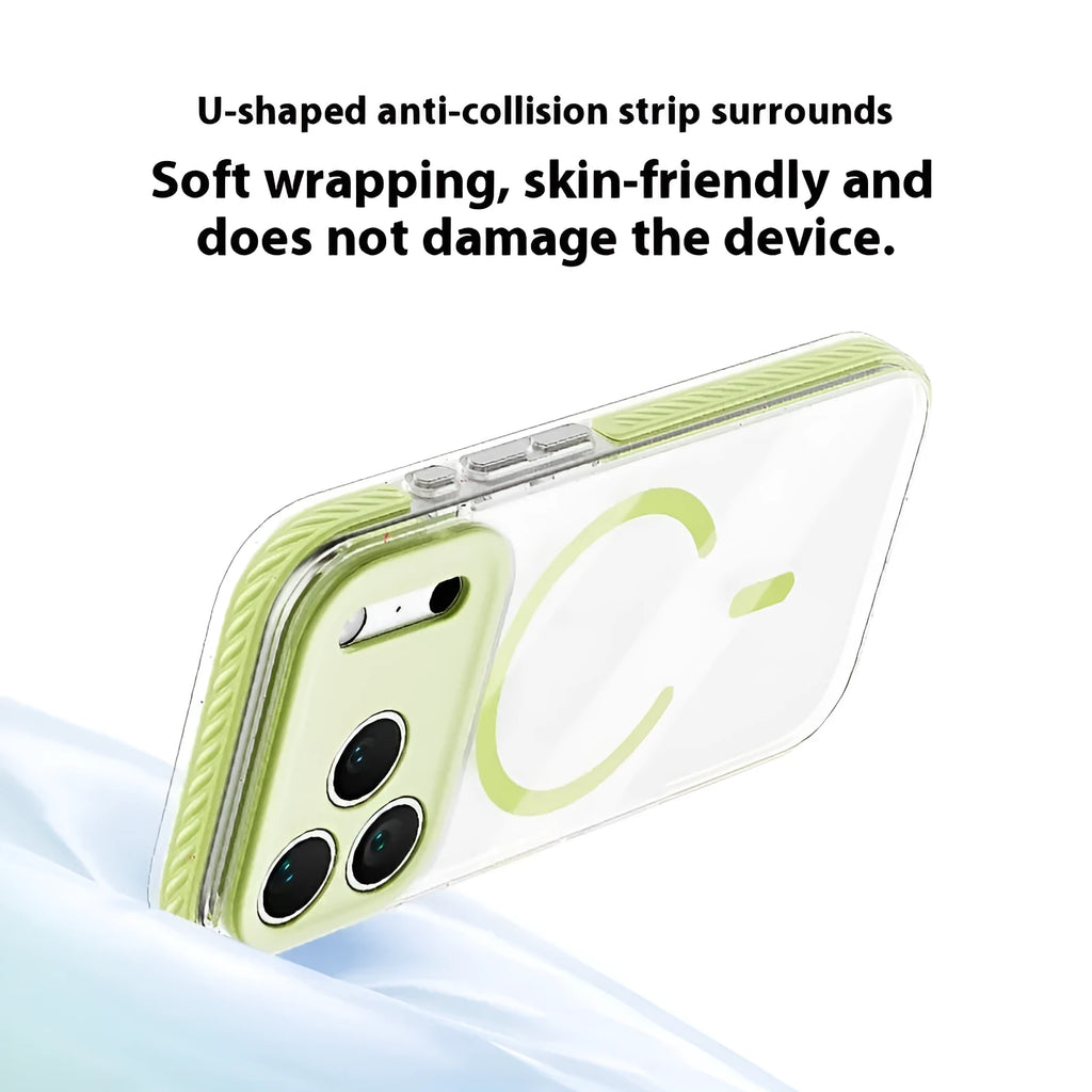 Transparent magnetic iPhone case showing six colour options: blue, green, orange, pink, purple, and gray