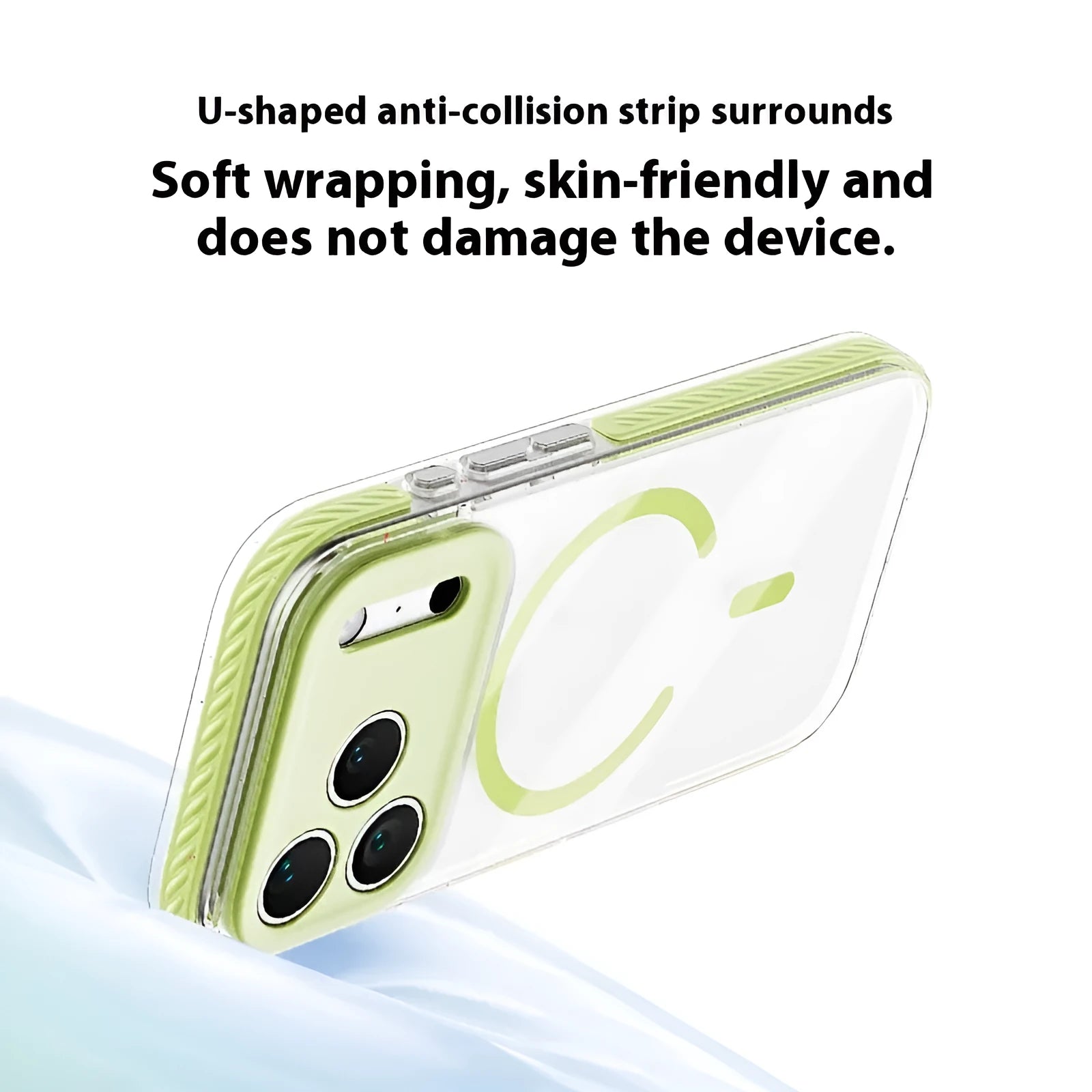 Transparent magnetic iPhone case showing six colour options: blue, green, orange, pink, purple, and gray