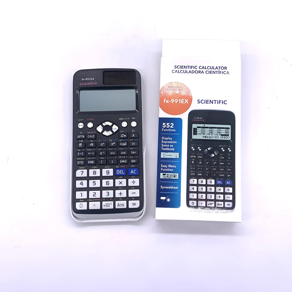 991EX scientific calculator in black, blue, and pink colours showing solar panel and keypad.