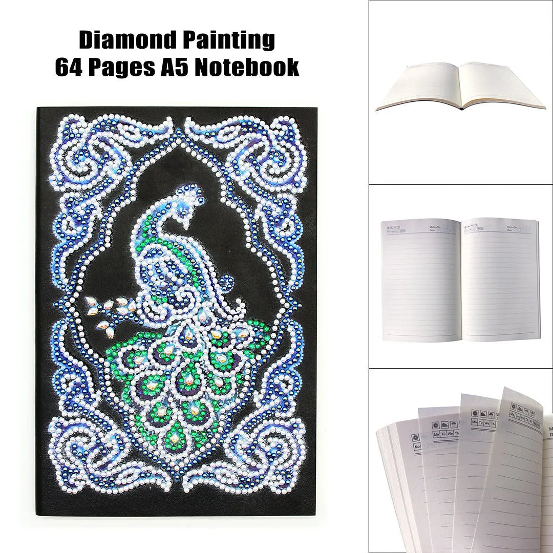 A5 notebook with a sparkling peacock diamond painting on the cover, shown next to open lined pages.