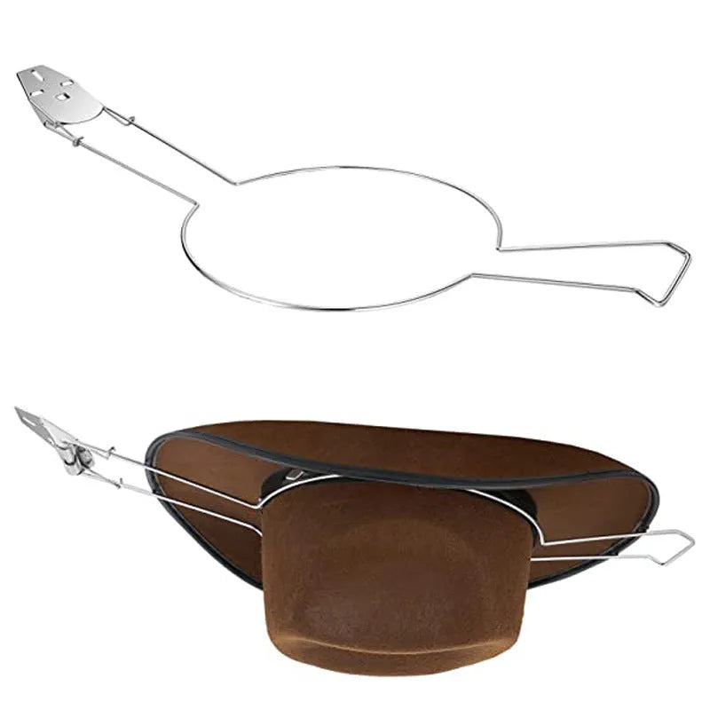 Brown iron car hat stand with a chrome-plated interior for holding coats and hats.