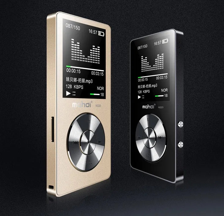 Compact metal MP3 music player with 1.8-inch screen showing music interface